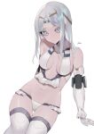  1girl bangs bare_shoulders bebe_pp bikini breasts cleavage elbow_gloves fate/grand_order fate_(series) galatea_(fate) gloves halter_top halterneck highres joints long_hair looking_at_viewer medium_breasts navel pale_skin parted_bangs robot_joints swimsuit thighhighs thighs tiara white_bikini white_eyes white_gloves white_hair white_legwear 