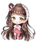  1girl :o absurdly_long_hair auro_drm bang_dream! bangs blunt_bangs blush bow brown_hair character_request chibi eyebrows_visible_through_hair frilled_legwear full_body hair_bow hair_rings headdress highres long_hair looking_at_viewer one_side_up parted_lips pink_bow pink_legwear pink_skirt pleated_skirt puffy_short_sleeves puffy_sleeves shirt short_sleeves skirt solo standing thighhighs very_long_hair white_background white_shirt yellow_eyes 