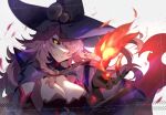  1girl artist_name black_gloves black_sclera blazblue blazblue:_central_fiction breasts cleavage colored_sclera dated detached_sleeves dress fire gloves hair_over_one_eye hat konoe_a_mercury large_breasts long_hair looking_at_viewer magic parted_lips pink_hair signature simple_background smile solo twitter_username witch_hat yellow_eyes youmicitrustea 