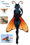  absurd_res antennae_(anatomy) anthro arthropod black_body blue_body blue_hair clothing english_text eyebrows female fiship hair hi_res hymenopteran insect leotard looking_at_viewer orange_eyes simple_background smile solo spider_wasp tarantula_hawk_wasp text thigh_gap wasp white_background wings 