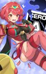  1girl ^^^ armor ass bangs black_gloves blue_sky blurry blurry_foreground blush bodysuit breasts cero chest_jewel clenched_hand cloud commentary_request covered_navel day earrings eyebrows_visible_through_hair fingerless_gloves floating gen_1_pokemon gloves hair_between_eyes hand_up headpiece highres jewelry katwo large_breasts open_mouth pikachu pokemon pokemon_(creature) pyra_(xenoblade) rating red_armor red_eyes red_hair red_legwear red_shorts short_hair short_shorts shorts shoulder_armor side_cutout sidelocks skindentation sky solo_focus super_smash_bros. sweat swept_bangs thigh_strap tiara torn_clothes torn_legwear xenoblade_chronicles_(series) 