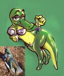  alligator alligatorid anthro barefoot beverage clothing crocodilian doolyboobieboy feet female green ice_cube meme meme_clothing nipples photo reference_image reptile scalie sexy_alligator shiny_(disambiguation) slightly_chubby smile solo swimwear teeth thick_thighs undressing 