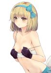  1girl alice_margatroid alice_margatroid_(pc-98) alternate_eye_color bare_shoulders black_gloves blonde_hair blue_bow blue_hairband blue_skirt blush bow bra bra_pull breasts closed_mouth commentary_request culter embarrassed from_side gloves green_eyes hair_bow hairband hands_up highres leaning_forward looking_at_viewer medium_hair midriff navel nipples no_shirt pulled_by_self self_exposure skirt small_breasts solo strap_slip touhou touhou_(pc-98) underwear white_bra 