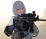  1girl absurdres bag bangs black_bodysuit bodysuit cero_(last2stage) eyebrows_visible_through_hair girls_frontline gloves gun highres holding holding_weapon holster light_machine_gun looking_away machine_gun medium_hair military purple_eyes rifle rpk rpk-16_(girls_frontline) silver_hair simple_background smile solo_focus uniform weapon 