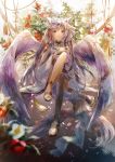  1girl animal_ears anklet asymmetrical_legwear braid camellia clothing_cutout dated feathered_wings flower hair_flower hair_ornament jewelry long_sleeves misaki_yuu_(misaki_1192) original purple_eyes purple_hair sandals shoulder_cutout solo twitter_username wide_sleeves wings 