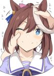  1girl animal_ears bangs blue_eyes blue_ribbon blush brown_hair character_request collarbone cropped_shoulders hand_on_another&#039;s_face hand_on_another&#039;s_head horse_ears long_hair multicolored_hair one_eye_closed ribbon shiseki_hirame smile solo_focus sweatdrop tokai_teio umamusume 