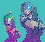  1boy 1girl breasts curly_hair eyepatch flaming_eye glasses gloves green_background green_eyes green_hair grin hand_on_hip hat highres issycake jacket medium_breasts mini_hat mini_top_hat open_clothes open_jacket pandoria_(xenoblade) pointy_ears pose round_eyewear short_hair signature silver_hair smile top_hat upper_body xenoblade_chronicles_(series) xenoblade_chronicles_2 zeke_von_genbu_(xenoblade) 
