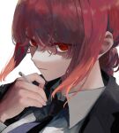  1girl bangs black_neckwear blazer braid braided_ponytail business_suit chainsaw_man cigarette close-up collared_shirt colored_eyelashes formal hair_between_eyes highres holding holding_cigarette jacket long_hair long_sleeves looking_at_viewer makima_(chainsaw_man) necktie parted_lips portrait red_eyes red_hair ringed_eyes shirt short_hair simple_background sion001250 solo suit white_background white_shirt 