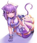  1girl absurdres ahoge animal_ears bangs blush breasts cat_ears cat_tail deaver eyebrows_visible_through_hair food_themed_hair_ornament gloves hair_ornament hand_up highres hololive looking_at_viewer medium_breasts nekomata_okayu pink_skirt purple_eyes purple_gloves purple_hair purple_legwear short_hair simple_background skirt smile solo tail virtual_youtuber white_background 