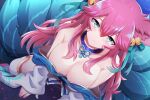  ahri_(league_of_legends) animal_ears aqua_eyes bell blush japanese_clothes league_of_legends long_hair multiple_tails no_bra purple_hair sollyz tail thighhighs 