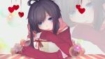  1girl ahoge bangs black_hair blue_eyes box bubble eyes_visible_through_hair flower gift gift_box heart highres long_hair long_sleeves looking_at_viewer luo_tianyi off-shoulder_sweater off_shoulder pink_scarf red_sweater rose scarf slyvia smile solo sweater vocaloid zoom_layer 