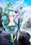  1girl absurdres breasts crop_top crossover greatsword green_eyes green_hair high_ponytail highres horns kirin_(armor) large_breasts long_hair miike-san monster_hunter monster_hunter:_world navel pneuma_(xenoblade) single_horn smile solo thighhighs trait_connection very_long_hair xenoblade_chronicles_(series) xenoblade_chronicles_2 