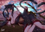  1girl adsouto animal_ears black_hair breasts cat_ears cat_tail cleavage hair_rings hairband high_school_dxd highres kuroka_(high_school_dxd) large_breasts lipstick long_hair makeup multiple_tails slit_pupils smile tail yellow_eyes 