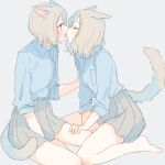  2girls animal_ears between_legs blue_shirt blush closed_eyes collared_shirt dog_ears dog_girl dog_tail eyebrows_visible_through_hair full_body grey_background grey_hair hand_on_another&#039;s_arm hand_on_another&#039;s_thigh imminent_kiss looking_at_another medium_hair multiple_girls nekoya_saki original shirt short_hair simple_background sitting tail thighs tongue tongue_out wariza yokozuwari yuri 