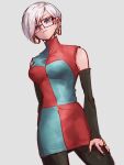  1girl alternate_hair_length alternate_hairstyle android_21 blue_eyes breasts checkered checkered_dress closed_mouth dragon_ball dragon_ball_fighterz dress earrings glasses grey_background hoop_earrings jewelry kemachiku long_hair medium_breasts short_hair simple_background smile solo white_hair 