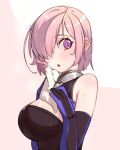  1girl blush breasts elbow_gloves fate/grand_order fate_(series) gloves hair_over_one_eye highres large_breasts looking_at_viewer mash_kyrielight multicolored multicolored_clothes multicolored_gloves open_mouth purple_eyes purple_hair shiny shiny_hair short_hair solo sweat towel upper_body xkxh1674 