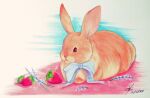  ambiguous_gender brown_body brown_fur feral food fruit fur hi_res lagomorph lavender_(flower) leporid mammal plant rabbit ribbons simple_background solo strawberry thiccazthieves 