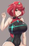  1girl ;) bangs bare_arms bare_shoulders black_swimsuit breasts chest_jewel competition_swimsuit covered_navel curvy desspie earrings eyebrows_visible_through_hair grin highres huge_breasts jewelry looking_at_viewer one-piece_swimsuit one_eye_closed orange_eyes pyra_(pro_swimmer)_(xenoblade) pyra_(xenoblade) red_hair short_hair smile solo swept_bangs swimsuit xenoblade_chronicles_(series) xenoblade_chronicles_2 