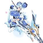 1girl bea_(bropmlk) blue_eyes blue_hair breasts eyepatch gigantic_breasts highres lance large_breasts polearm praxis_(xenoblade) sandals simple_background solo weapon white_background xenoblade_chronicles_(series) xenoblade_chronicles_2 