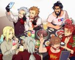  6+boys :d beard black_gloves black_hair black_vest blonde_hair brown_hair character_request chopsticks closed_eyes cup drinking_glass drinking_straw eating edward_teach_(fate) facial_hair fate/grand_order fate_(series) food gloves goatee gradient_hair grey_hair hector_(fate) indoors james_moriarty_(fate) li_shuwen_(fate) male_focus meat messy_hair multicolored_hair multiple_boys mustache old old_man open_mouth orange_neckwear plate red_shirt selfie shirt smile t-shirt table taking_picture tia_(cocorosso) tongs v vest vlad_iii_(fate/apocrypha) white_shirt 