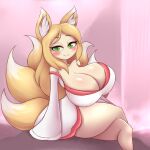  6_tails absurd_res akito_(mistakilljoy) animal_humanoid better_version_at_source big_breasts blonde_hair blush breasts canid canid_humanoid canine canine_humanoid elfdrago female fox_humanoid green_eyes hair hi_res huge_breasts humanoid mammal mammal_humanoid multi_tail narrowed_eyes sitting smile solo thick_thighs 