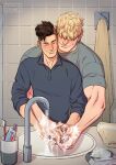  2boys artist_name bara black_hair black_shirt blonde_hair closed_eyes closed_mouth couple cris_art earrings grey_shirt hair_between_eyes hand_soap hug hug_from_behind hulkling jewelry male_focus marvel multiple_boys muscular muscular_male patreon_username restroom shirt short_hair sleeves_rolled_up smile soap undercut washing washing_hands water wiccan yaoi 