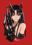  1girl absurdres bare_shoulders black_hair breasts executioner_(girls_frontline) eyebrows_visible_through_hair girls_frontline hair_ornament highres long_hair looking_at_viewer mechanical_arms medium_breasts red_background red_eyes salty_eyes sangvis_ferri single_mechanical_arm smirk solo_focus 