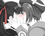  2girls blush closed_eyes face gloria_(pokemon) hand_on_another&#039;s_face hat highres kiss kurosawa_karura long_hair marnie_(pokemon) multiple_girls pokemon short_hair spot_color tam_o&#039;_shanter twintails yuri 