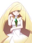  1girl :q bare_arms blonde_hair blush breasts closed_mouth collarbone commentary_request diamond_(shape) dress emerald_(gemstone) eyelashes green_eyes hand_up long_hair looking_at_viewer lusamine_(pokemon) pokemon pokemon_(game) pokemon_sm shiny shiny_hair simple_background sleeveless sleeveless_dress smile solo tadanoshi_kabane tongue tongue_out very_long_hair white_background white_dress 
