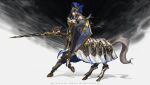  1girl armor artstation_username belt breasts brown_belt centaur cleavage commission english_commentary floating_hair full_armor full_body grey_hair helmet highres holding holding_lance holding_polearm holding_shield holding_weapon horse_tail kevin_glint knight lance large_breasts long_hair looking_at_viewer mecha_musume mechanical_legs multiple_legs original parted_lips polearm red_eyes shadow shield shoulder_armor sidelocks solo standing standing_on_three_legs tail taur weapon white_armor white_background 