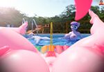  3d_(artwork) anthro anthrofied big_breasts bodily_fluids breasts digital_media_(artwork) equid equine forsaken_(artist) friendship_is_magic genital_fluids genitals hasbro hi_res limestone_pie_(mlp) mammal maud_pie_(mlp) my_little_pony nude partially_submerged peeing pinkie_pie_(mlp) pubes pussy sibling sister sisters swimming_pool urine water watersports 