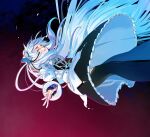  1girl butterfly_hair_ornament chaika_trabant closed_eyes dress falling feet_out_of_frame hair_ornament highres hitsugi_no_chaika kaede_(shijie_heping) long_hair long_sleeves parted_lips puffy_sleeves silver_hair solo tears thighhighs two-tone_background very_long_hair 