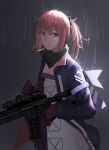  1girl absurdres alternate_costume ar-15 black_gloves black_scarf blue_eyes closed_mouth eyebrows_visible_through_hair girls_frontline gloves gun hair_ornament hairclip highres holding holding_weapon long_hair looking_at_viewer pink_hair rain rifle salty_eyes scarf simple_background solo st_ar-15_(girls_frontline) water_drop weapon 