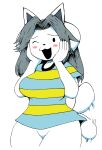  absurd_res anthro big_breasts blush breasts canid canine clothed clothing curvy_figure featureless_crotch felid feline female hair hand_on_face happy hi_res looking_at_viewer mammal one_eye_closed open_mouth open_smile pattern_clothing simple_background smile striped_clothing stripes tailwag tem temmie_(undertale) thick_thighs topwear undertale video_games voluptuous white_body 