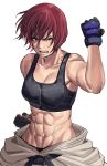  1girl abs absurdres belt black_belt black_gloves black_sports_bra breasts cleavage clenched_hands clothes_around_waist dougi fighting_stance fingerless_gloves gloves grey_eyes han_soo-min_(hanny) hanny_(uirusu_chan) highres karate_gi medium_breasts muscular muscular_female navel open_mouth original red_hair scar scar_on_neck serious short_hair solo sports_bra tekken white_background 