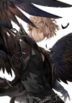  1boy alternate_costume alternate_wings artist_name belt black_feathers black_gloves black_jacket black_shirt black_wings blonde_hair boku_no_hero_academia chain chain_belt closed_mouth commentary earrings facial_hair facial_mark feathered_wings feathers fingerless_gloves gloves hawks_(boku_no_hero_academia) jacket jewelry kadeart light_smile long_sleeves male_focus o-ring reward_available shirt short_hair sleeveless sleeveless_shirt solo stubble symbol_commentary turtleneck upper_body white_background wings yellow_eyes 