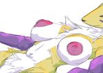  anthro armwear big_breasts breasts bridal_gauntlets canid clothing digimon digimon_(species) female fur gloves handwear mammal mostly_nude neck_tuft nipples renamon simple_background solo tuft white_background yamagah yellow_body yellow_fur 