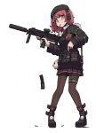  1girl beret girls_frontline gun h&amp;k_mp7 hat highres kare mp7_(girls_frontline) pantyhose ponytail red_hair shell_casing short_hair solo submachine_gun suppressor weapon yellow_eyes 