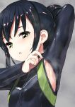  1girl :o arm_up armpits bangs black_hair blush breasts green_eyes grey_background jiji long_hair long_sleeves open_mouth original ponytail simple_background small_breasts solo steam sweat unzipping upper_body wet wetsuit zipper 