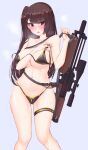  1girl bangs bare_arms bare_legs bare_shoulders bikini bikini_top blue_background blush breasts brown_bikini brown_hair bullpup collarbone eyebrows_visible_through_hair feet_out_of_frame girls_frontline gun hand_on_own_chest highres holding holding_bikini_top holding_weapon jewelry large_breasts long_hair looking_at_viewer navel pao_mian+dan parted_lips purple_eyes rifle ring shiny shiny_hair side_ponytail sideboob simple_background sniper_rifle solo standing sweat swimsuit thigh_strap underboob wa2000_(girls_frontline) walther walther_wa_2000 weapon zipper_pull_tab 