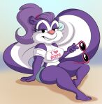  &lt;3 absurd_res aged_up alternate_hairstyle anthro bottomwear chadrocco clothing english_text eyewear female fifi_la_fume hi_res hotpants looking_at_viewer mammal mephitid midriff shorts sitting skunk smile solo sunglasses text thick_thighs tiny_toon_adventures topwear tube_top warner_brothers 