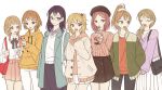  6+girls alternate_costume bag black_hair blonde_hair brown_hair cellphone clunch glasses haikyuu!! highres hood hoodie jacket kuribayashi_runa long_hair misaki_hana multiple_girls nametsu_mai pants phone ponytail shimizu_kiyoko shirofuku_yukie shirt short_hair side_ponytail simple_background skirt suzumeda_kaori white_background yachi_hitoka 