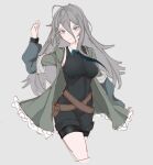  1girl absurdres belt blue_neckwear bodysuit braid breasts closed_mouth eyebrows_visible_through_hair fish_dumplings girls_frontline green_jacket grey_background grey_eyes grey_hair hand_up highres jacket long_hair looking_at_viewer medium_breasts necktie open_clothes open_jacket solo standing xm8_(girls_frontline) 