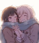  2girls :d aoba_moca bang_dream! blonde_hair blue_scarf breath brown_coat brown_hair closed_eyes coat english_commentary grin interlocked_fingers kalsept medium_hair mitake_ran multicolored_hair multiple_girls nuzzle one_eye_closed open_mouth red_eyes red_hair scarf shared_scarf smile yuri 