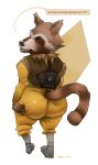  2021 absurd_res anthro big_butt brown_body brown_fur butt clothed clothing colored digital_media_(artwork) fur guardians_of_the_galaxy hi_res male mammal marvel presenting presenting_hindquarters procyonid raccoon rocket_raccoon signature simple_background solo speech_bubble text titrip white_background 