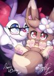  &lt;3 &lt;3_eyes 2021 anthro bed blue_eyes braixen brown_body brown_fur cheek_tuft cuddling duo eevee eyewear facial_tuft feral fluffy fluffy_tail freckles fur furniture gingy_(gingy_k_fox) gingy_k_fox glasses inner_ear_fluff looking_at_viewer lying nintendo pawpads paws pink_pawpads pok&eacute;mon pok&eacute;mon_(species) purple_body purple_fur red_body red_fur selfie shaded shiny_pok&eacute;mon signature tuft video_games white_body white_fur 