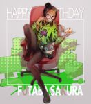  1girl alien arms_up bangs beanie black_footwear black_headwear black_legwear black_skirt black_sweater boots box buckle cake cake_slice chair character_name cup food fork gaming_chair glasses green_hoodie grey_background happy_birthday hat headphones headphones_around_neck highres holding holding_fork holding_plate hood hoodie leg_up long_hair long_sleeves midcalf_boots miniskirt monitor number orange_hair pantyhose persona persona_5 persona_5_the_royal pixel_art plate purple_eyes sabakawa sakura_futaba shadow simple_background sitting skirt solo_focus spill stuffed_animal stuffed_cat stuffed_toy sweater turtleneck turtleneck_sweater 