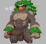  anthro ape balls barazoku bebebebebe big_balls big_penis bodily_fluids edit fur genitals green_hair hair haplorhine humanoid_genitalia humanoid_penis male mammal muscular muscular_anthro muscular_male nintendo penis pok&eacute;mon pok&eacute;mon_(species) primate rillaboom simple_background solo uncensored vein veiny_penis video_games 