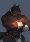  abs anthro armwear asian_clothing biceps big_muscles black_body black_fur bulge canid canine canis clothing east_asian_clothing facial_tuft fundoshi fur hi_res invalid_tag japanese_clothing male mammal mixvariety muscular muscular_anthro muscular_male neckwear pecs pupils red_pupils solo underwear wolf 