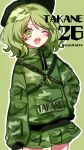  1girl bangs black_headwear camouflage camouflage_hoodie camouflage_print camouflage_skirt character_name clothes_writing cowboy_shot eyebrows_visible_through_hair green_background green_eyes green_hair green_skirt hand_on_hip heart highres key kyouda_suzuka long_sleeves looking_at_viewer one_eye_closed open_mouth pocket short_hair simple_background skirt sleeves_past_fingers sleeves_past_wrists solo standing symbol-shaped_pupils teeth touhou twitter_username v-shaped_eyebrows yamashiro_takane 